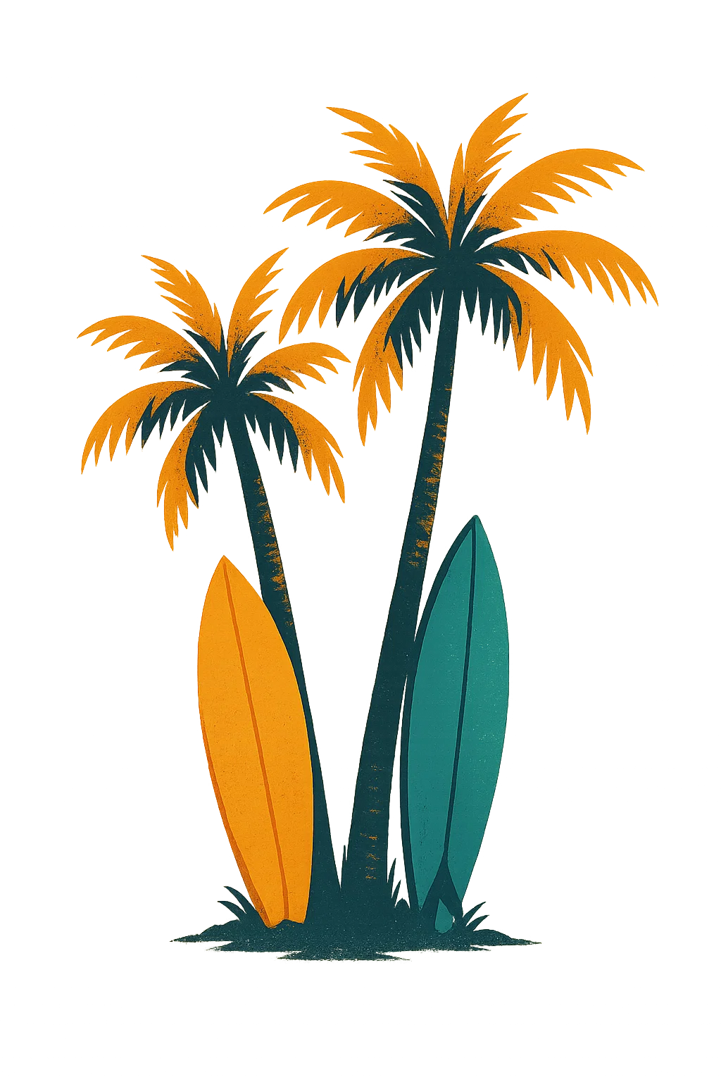 Two palm trees with an orange and a teal surfboard leaning against them